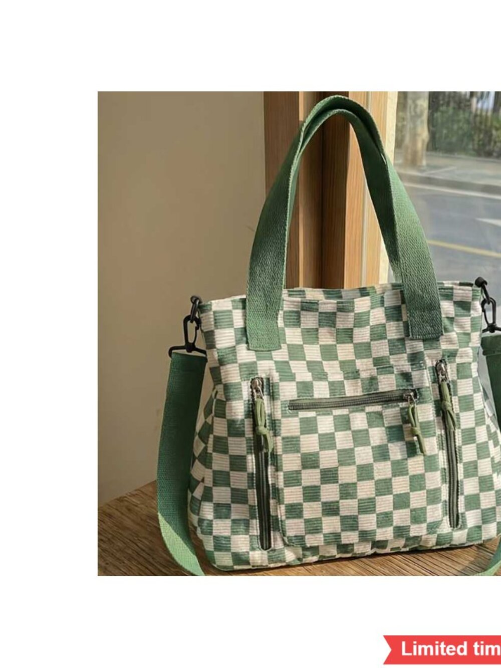 Large Capacity Checkered Crossbody Bag Detachable Strap Multi Pocket Tote